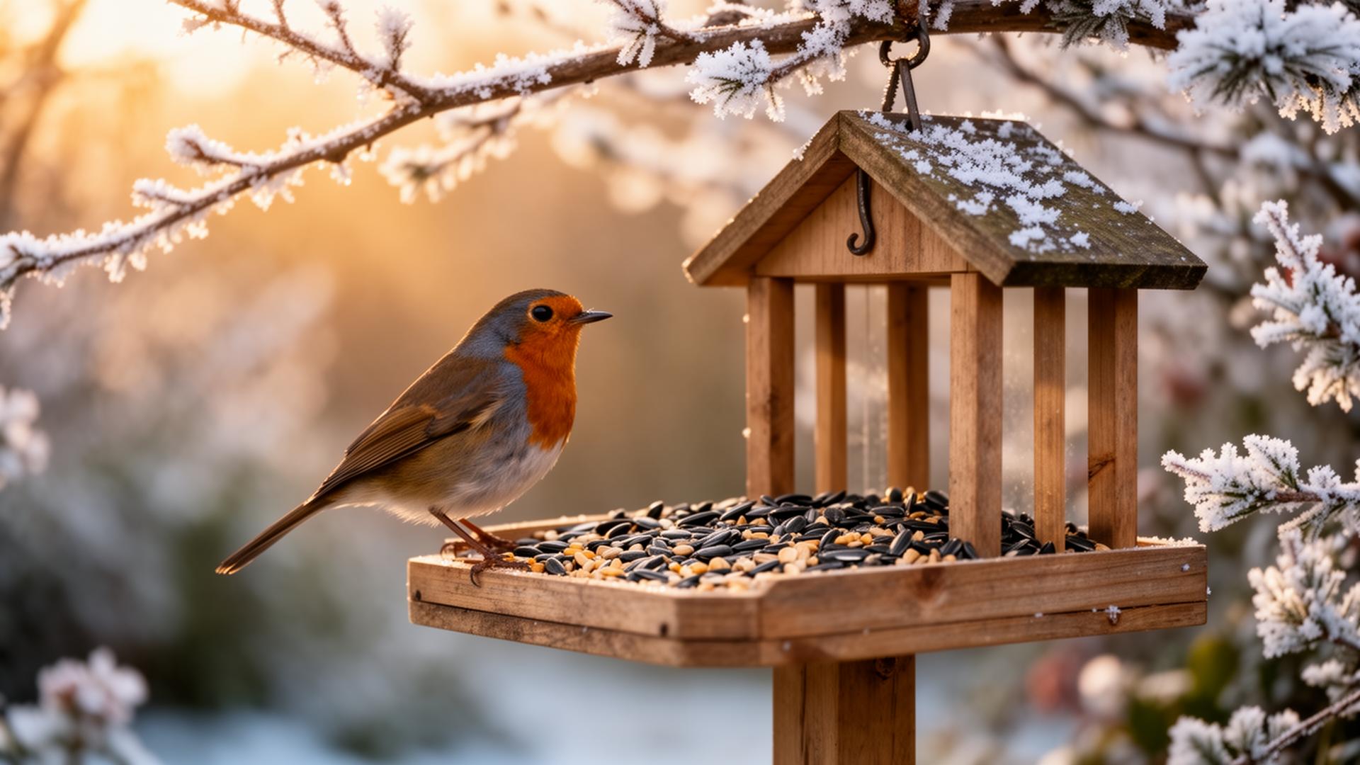 Roodborstje op voederhuisje in wintertuin